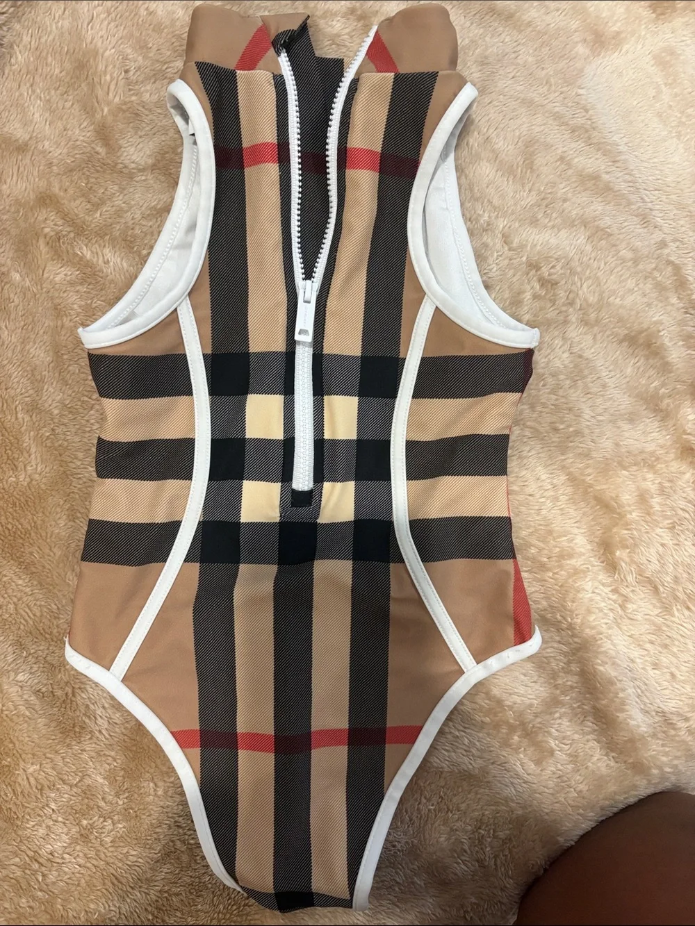 Burberry Beige, Black & Red Plaid Swim Top with White Trim